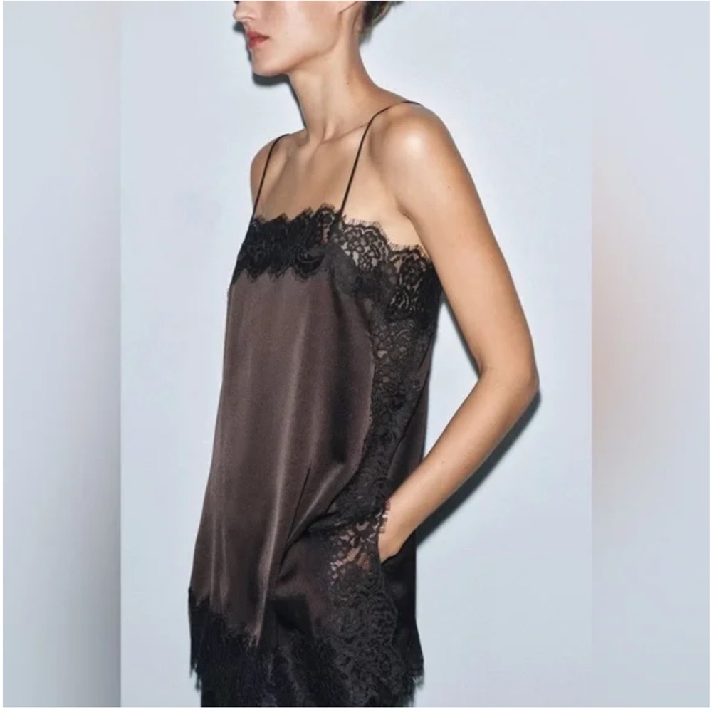 Zara Brown Satin Lace Slip Top